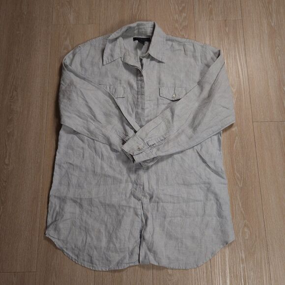 Vintage Express 100% Linen Button Down Blouse Medium Lagenlook Lightweight Gray - Picture 1 of 16